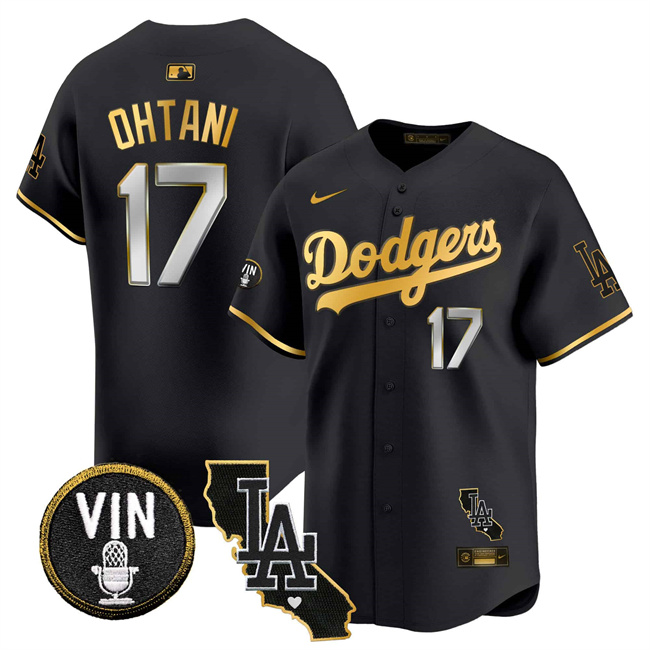Men's Black/Gold Los Angeles Dodgers #17 Shohei Ohtani Vin & California Patch Vapor Limited Stitched Baseball Jersey
